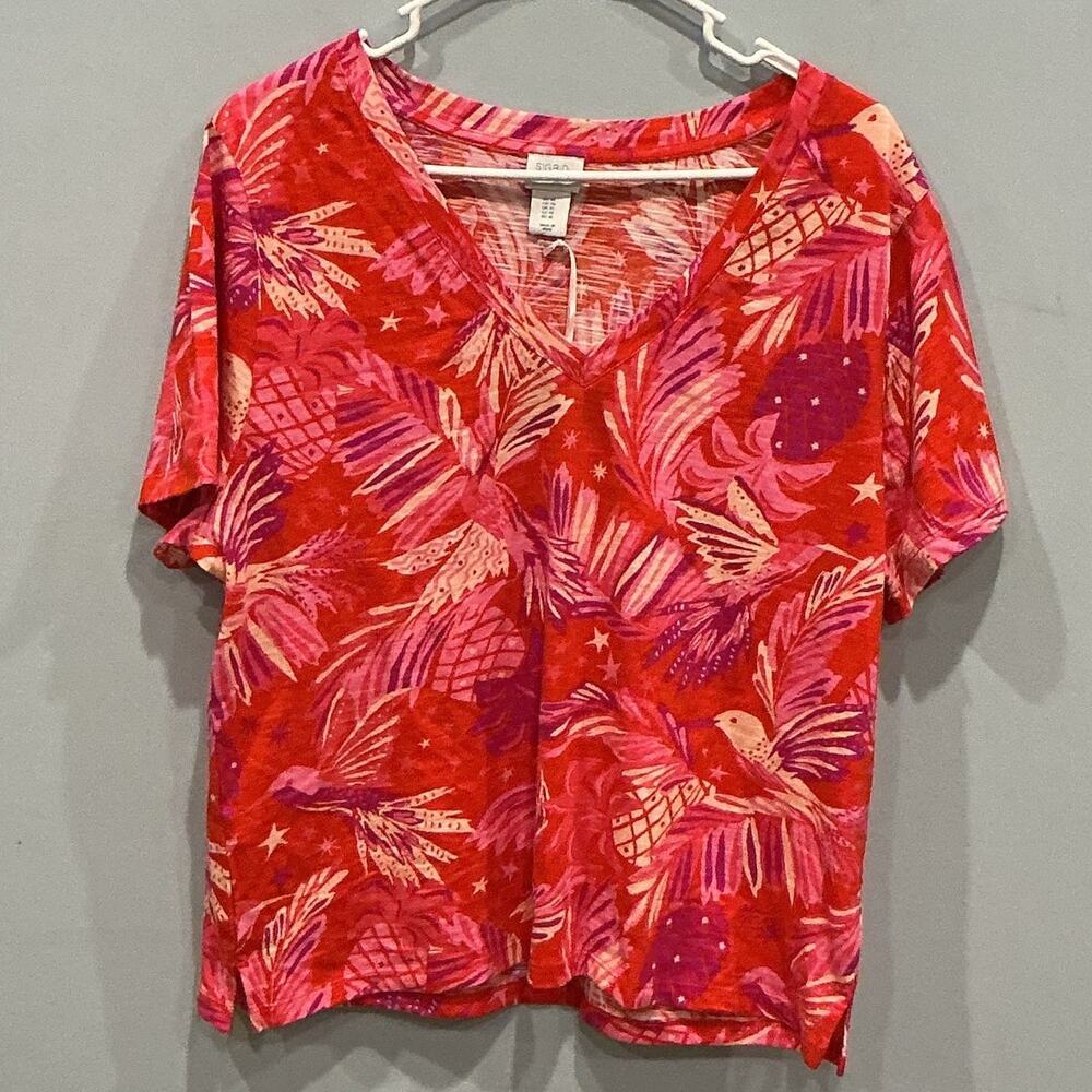 NEW Sigrid Olsen Womens Short Sleeve Shirt Size XL Pin Bird Tropical Beach Vacay